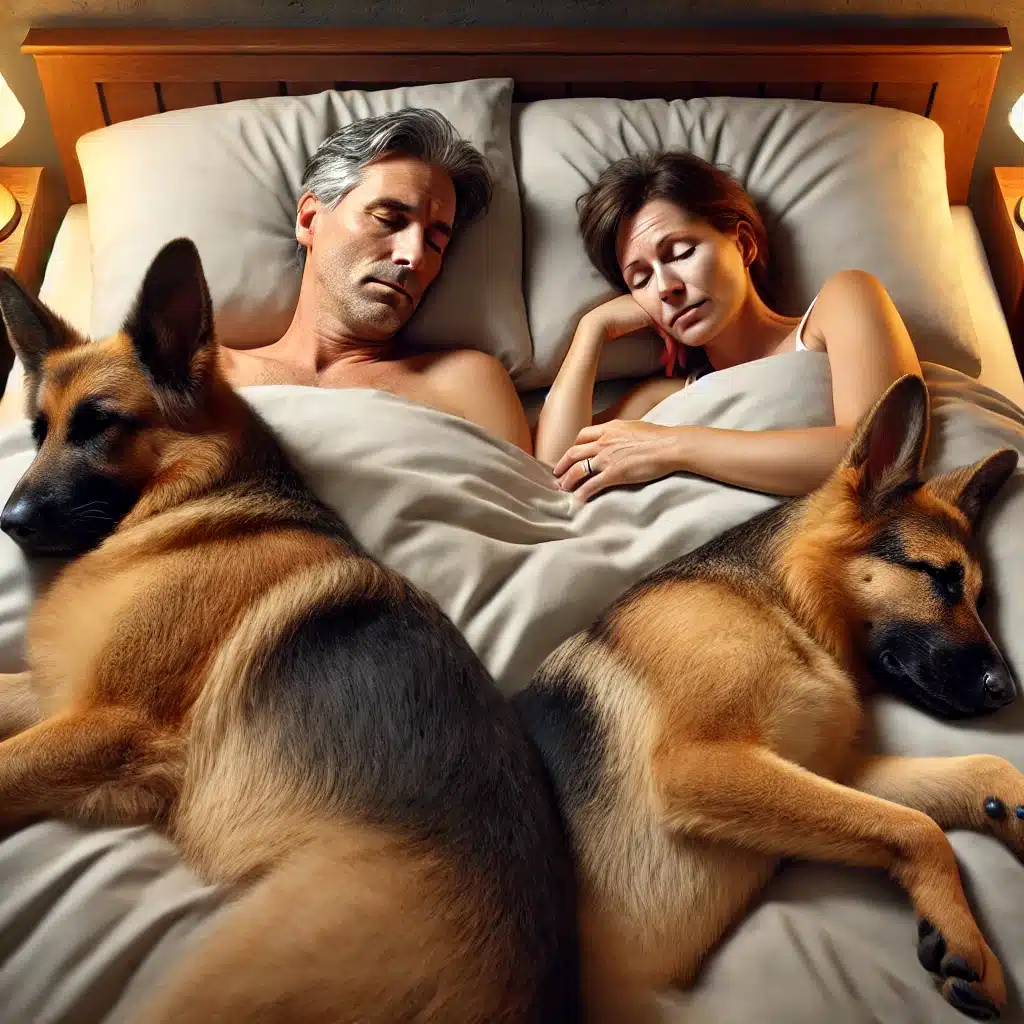 Married Couple with 2 German shepherds sleeping in bed