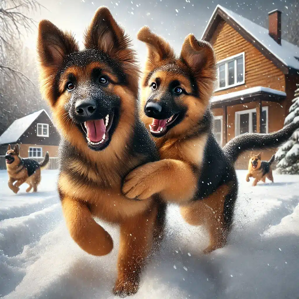 German Shepherds playing in the snow