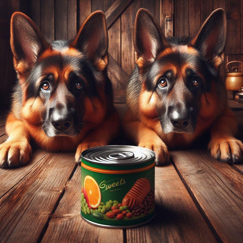 Two German Shepherds not looking forward to their food.