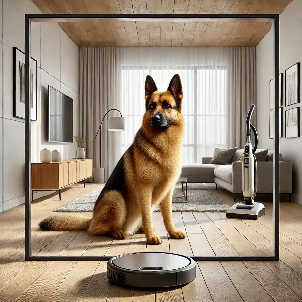 Dog in a living room with a robot vacuum winning the Dog Fur War.